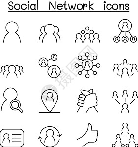 社交网络社交媒体图标设置在细线样式中家庭朋友收藏用户聊天界面化身职员插图拇指图片