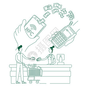 NFC 购物支付细线概念矢量图 有智能手机和终端客户和收银员的人 2D 卡通人物用于网页设计 支付应用创意ide图片