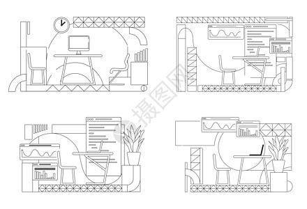 办公室室内设计概述矢量插图集 创意工作室在白色背景上布置了房间轮廓构图 联合办公空间简约风格图纸合集图片