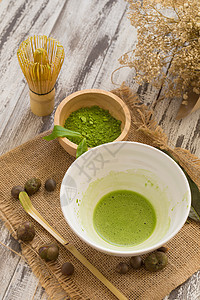 一套火柴粉碗 木勺和胡须 绿茶叶抹茶绿色仪式粉末杯子草本植物美食健康饮料叶子图片