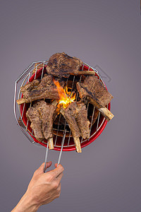 烤猪排短肋 烧燃炉火焰燃烧猪肉风格野餐餐厅肋骨烧烤架子家庭派对网格图片