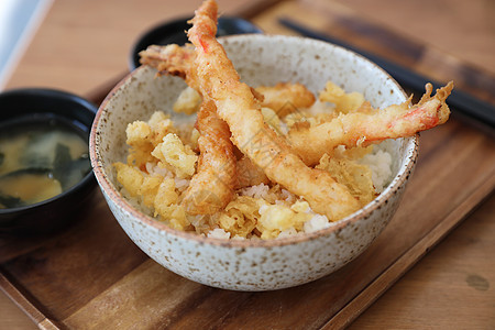 炸虾瓜加大米日本菜美食海鲜烹饪盘子午餐教师盖饭服务食物油炸图片