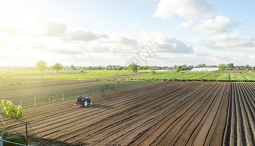 拖拉机在农田上行驶 农民在带铣床的拖拉机上松动 研磨和混合土壤 疏松地表 耕种土地以进一步种植 农业和农业地面成人设施铣削技术司图片