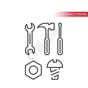 扳手或扳手螺母和螺丝刀硬件工具细线图标集图片