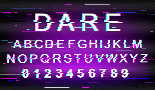 敢于故障字体模板 复古未来派风格矢量字母表设置在紫色背景上 大写字母数字和符号 具有失真效果的鼓励信息字体设计图片