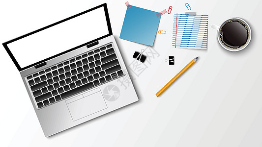 现代咖啡纸笔记铅笔的顶部视图在白色背景和文本业务概念向量它制作图案的复制空间桌面组织笔记本商业图书数据网络统计药片报告图片