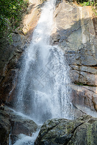 萨穆伊岛丛林中的热带秘密瀑布木头公园植物游客溪流岩石流动荒野旅游假期图片