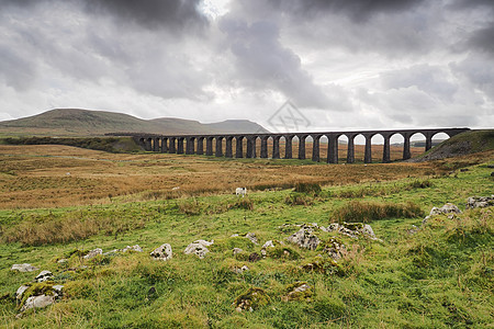 Ribblehead 蛇头 把定居车运到Carlisle铁路公司 约克郡Dales运输旅游旅行拱门农村沼泽地山谷历史性火车风景图片