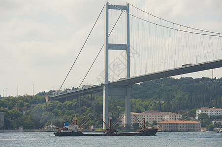 河上悬吊桥下的大型船舶旅行建筑学火鸡船运货物血管地标船体跨度电线图片