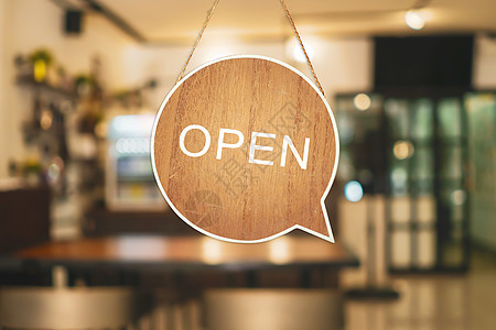 一个商业标志 上面写着咖啡馆或餐馆开放 在入口处挂在门上公司食物餐厅零售过滤品牌咖啡店咖啡玻璃广告图片