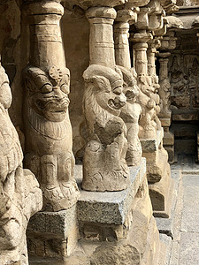 神的砂石雕像和狮子被刻成神像 在Kanchepuram古老的寺庙里石头婆神历史性废墟文化纪念碑国际雕刻品地标赔偿图片