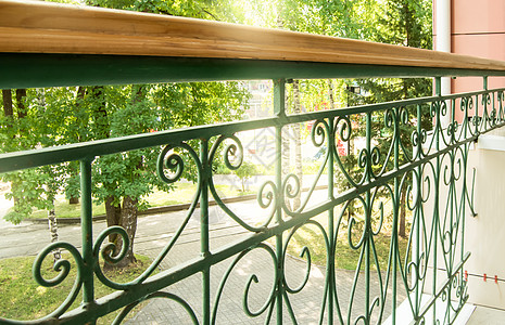 在阳光明媚的夏日 从现代阳台通过带栏杆的金属镂空锻铁栅栏欣赏公园美景图片