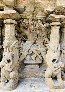 神的砂石雕像和狮子被刻成神像 在Kanchepuram古老的寺庙里旅行雕塑偶像石头地标动物国际目的地纪念碑考古学图片
