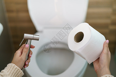 女人做一个选择 管子淋浴或卫生纸房间浴室龙头装饰座位卫生金属水龙头设备洗手间图片