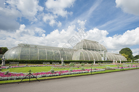 公共公园中的大型玻璃屋公园蓝色花园天空绿色花朵园艺植物图片