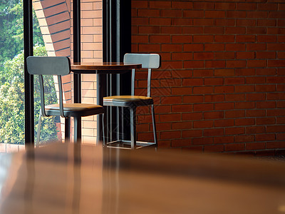 Cafe咖啡厅装饰设计 圆木桌 配有两个现代酒吧餐厅皮革桌子木头窗户阁楼座位咖啡店房间家具图片