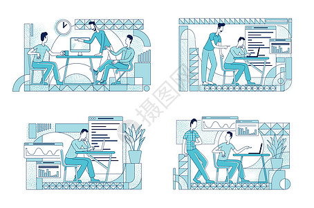 同事合作平面轮廓矢量插图集 市场部工作人员在白色背景上勾勒出字符 公司分析分析简单样式绘图 pac图片