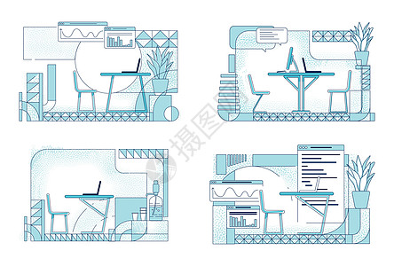 现代办公室室内设计概述矢量插图集 白色背景上的商务客房轮廓组合 销售分析师程序员职场简约风格图纸合集图片