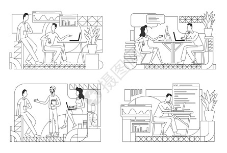 员工合作细线矢量插图集 办公室工作人员的协作和沟通在白色背景上勾勒出人物形象 从事项目简单风格绘图收藏的人图片