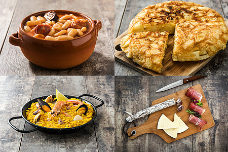 典型的西班牙食品拼贴可乐盘子海鲜饭火腿食物香肠食谱豆子剪辑作品图片