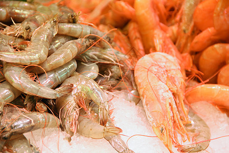 冰上新鲜虾海鲜粉色小龙虾团体餐厅红色甲壳市场展示店铺水平图片