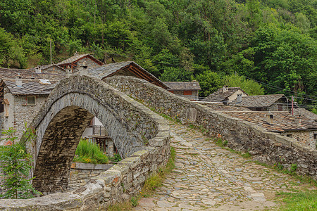 一座山峰高山村典型的桥梁以及建筑学树木高山绿色房屋艺术村庄灰色石头图片