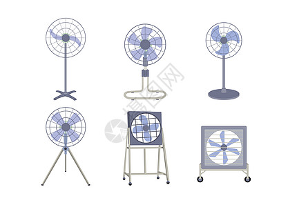 一组在白色背景下隔离的工业风扇力量插图安全技术桌子圆圈地面天花板蓝色旋转图片