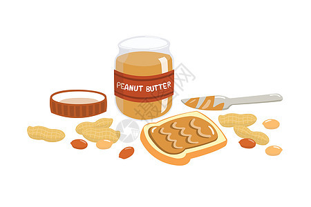 用黄油刀把花生酱涂在面包上 白色背景中分离的花生奶油花生坚果和面包食物绘画甜点瓶子小吃玻璃饮食早餐卡通片插图图片