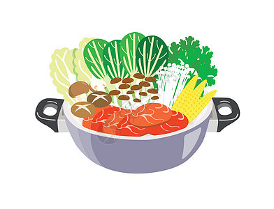 白色背景中带蔬菜和肉的火锅猪肉牛肉沙拉盘子胡椒插图美食午餐饮食玉米图片