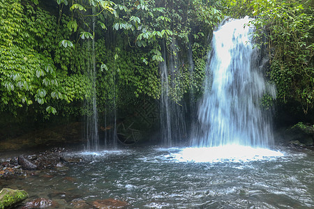 叶何瀑布的溪流位于印度尼西亚巴厘Jatiluwih水稻梯田附近的塔巴南Tabanan大米田地村 深热带丛林中美丽的瀑布紫色旅游目图片