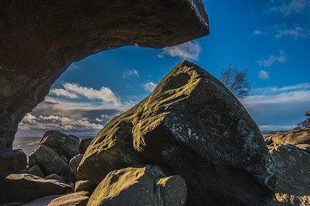北约克郡布里姆姆岩编队树木远景岩石太阳棕色蓝色天空阴影国家图片