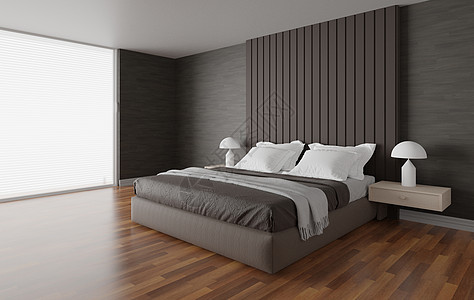 带床和大窗户的卧室内部极简主义和模式图片