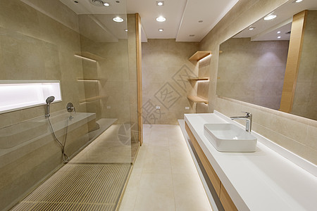 豪华公寓内厕所内部设计设计房间大理石架子反射浴室淋浴镜子展示龙头风格图片