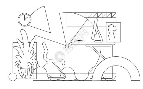 现代舒适设备齐全的工作场所轮廓矢量插图 白色背景下的当代办公室室内设计轮廓构图 企业员工工作区简约风格图图片