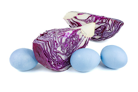 染有蓝色和红色卷心菜的鸡蛋白色染料蔬菜青色紫色叶子图片