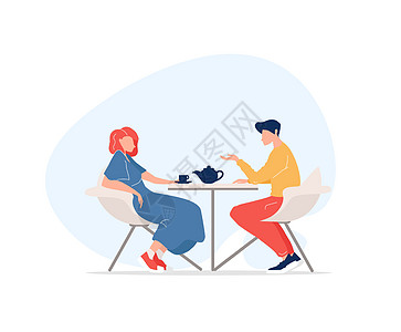 男人和女人会见平面颜色矢量不露面的角色夫妻休息咖啡屋餐厅白色会议男性店铺讨论插图图片
