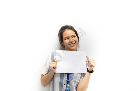 显示空白白皮书以用于复制空间的妇女人士商务快乐女孩木板标语广告床单横幅商业图片