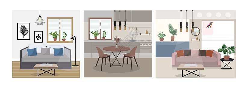 复古家具现代时尚室内设计平面样式集 卧室客厅厨房 它制作图案矢量插画