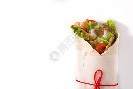 在白色背景顶视图空间上孤立的Doner kebab或Shahrarma三明治图片