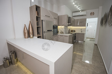 在豪华公寓的现代厨房风格龙头台面地面橱柜展示厅炉灶设计冰箱大理石图片