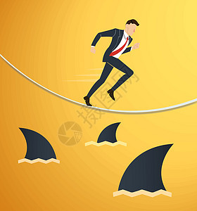 一个在绳子上奔跑的商务人士的插图 鲨鱼在商业风险下挑战公司男人勇气商务人士金融危险解决方案平衡图片