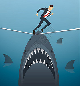 一个在绳子上奔跑的商务人士的插图 鲨鱼在商业风险下绳索公司设计金融工作动机理念经营人士危险图片