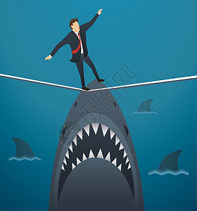 一名商务人士在绳索上行走的插图 在商业风险下有鲨鱼男人人士公司勇气挑战商务海洋工作竞赛捕食者图片