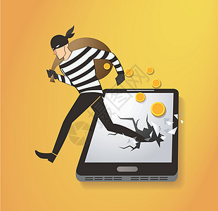 小偷黑客在智能手机上偷钱垃圾邮件电话刑事互联网电脑上网男性网络犯罪面具图片