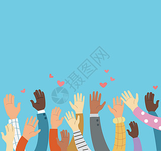 举起双手志愿服务和蓝色背景矢量概念多样性人群白色社区志愿者学习教育商业帮助表决图片