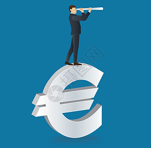 商务人士通过站在 Euro ico 上的望远镜看现金货币商务生长市场商业银行业工作价格经理图片
