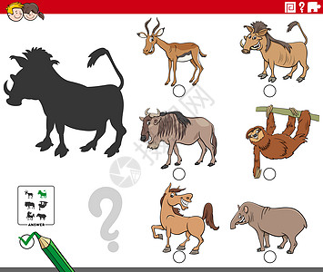 跖疣具有卡通动物角色的阴影任务乐趣疣猪游戏活动孩子们树懒幼儿园绘画元素角马设计图片