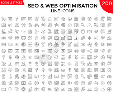 搜索引擎优化的细线图标集监控关键词商业反应咨询互联网支付技术引擎电子图片