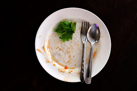 一盘米饭 盘叉和勺子上放空垃圾食品和绿色蔬菜叶回收餐厅垃圾桶饮食投掷垃圾环境治疗桌子厨房图片