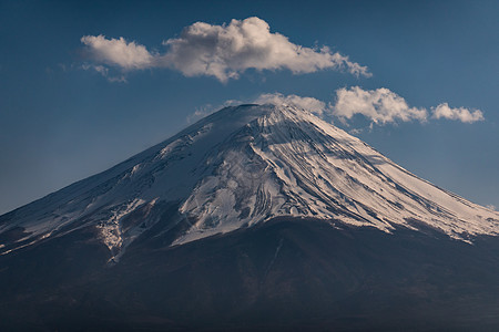 靠近藤山的顶端 上面有雪盖 还有煤旅行反射观光地标公园火山天空季节风景蓝色图片